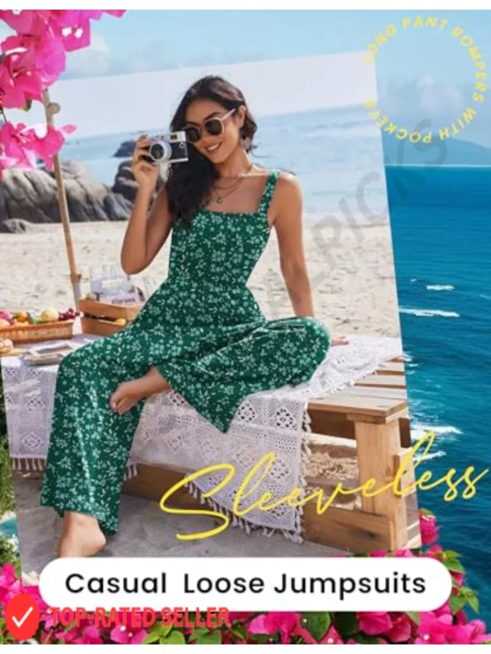 Sleeveless Wide Leg Jumpsuit Smocked Boho Romper with Pockets